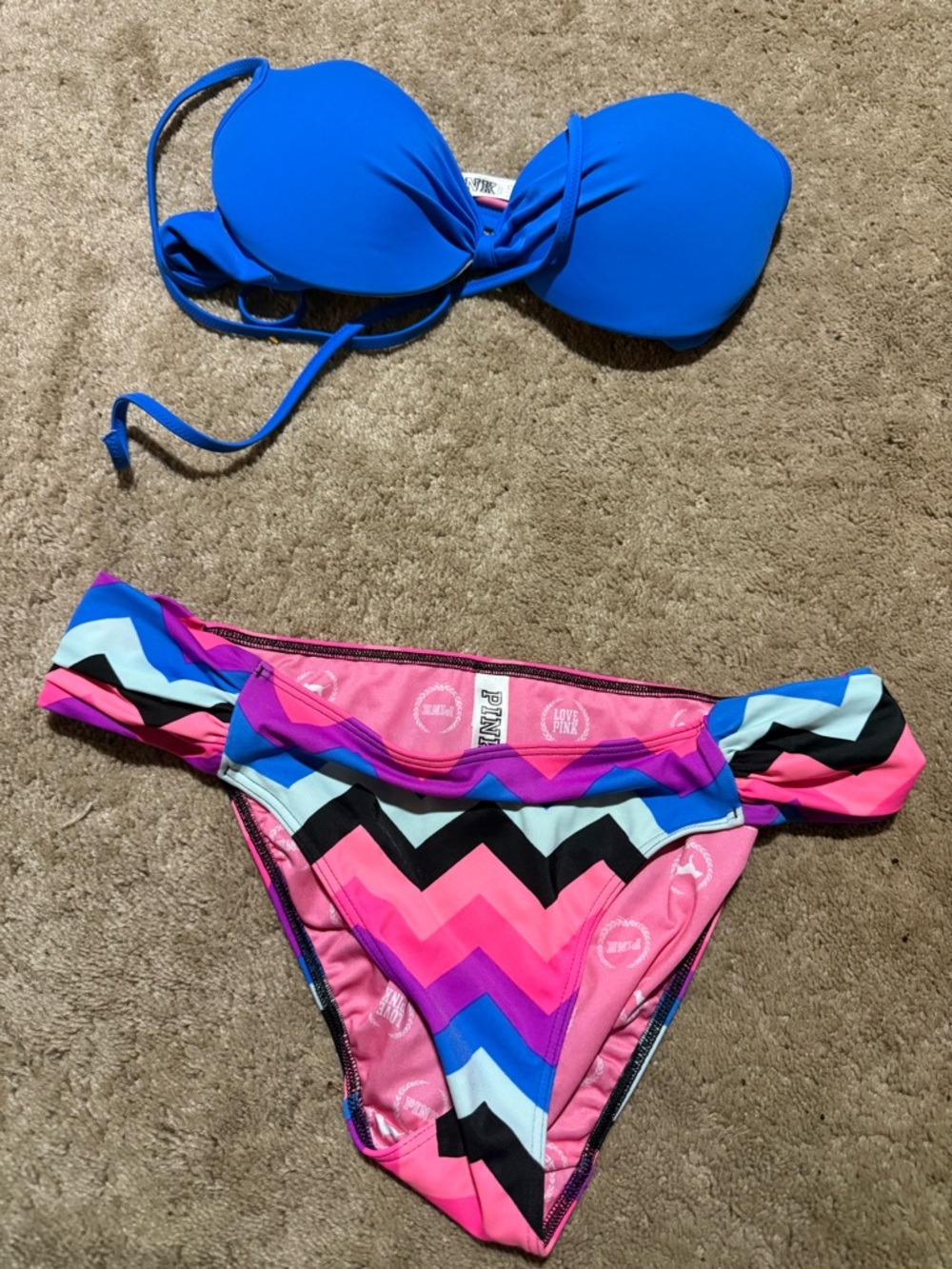 PINK Victoria's Secret Blue & Multicolor Chevron Bikini Set